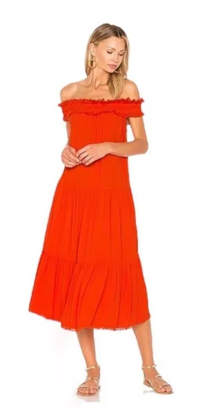 Raquel Allegra Persimmon Silk Off Shoulder Shirred Midi Dress 0 XS thumbnail 1