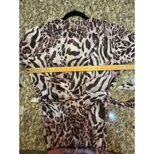 America & Beyond Womens Animal Print Rose Tan Ruffle Trim Robe Tie Kimono thumbnail 9