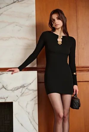 Commense Black Ribbed Long Sleeve Mini Dress With Gold Metal Rose Cutout M NWT thumbnail 1