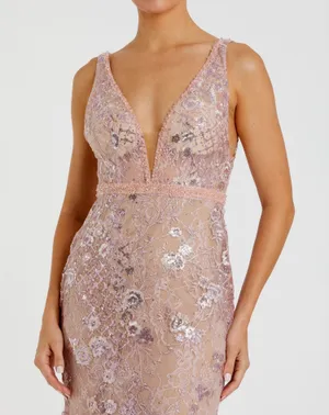 NWT - Mac Duggal 67481 Pink Floral Embellished Sleeveless Plunge Neck Gown thumbnail 2