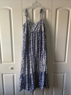 Nines by Hatch Tiered Blue Floral Maxi Dress with Tie Straps Size Large thumbnail 2