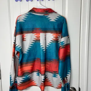 NWOT women’s Aztec tribal blue orange chest pocket button up‎ jacket high low S thumbnail 4