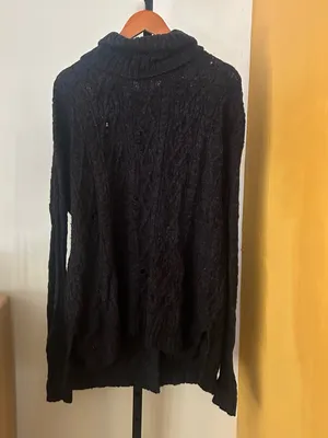 Free People Distressed Cable Knit Turtleneck Sweater Oversized Cowl Black Small‎ thumbnail 3