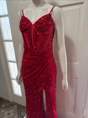 Unbranded Off shoulder Beaded Corset Slit Red Sequin Ruched Evening Gown Sz 6 A thumbnail 4