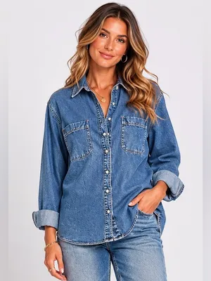 Newton Trading Co. Denim Button Front Shirt Medium Wash Chambray Size M thumbnail 1