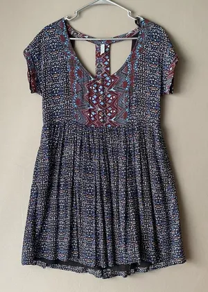 Free People Rayon Boho Beachy Relaxed Geometric T-Back Mini Dress Small‎ Blue thumbnail 1