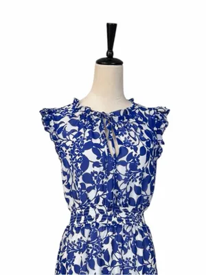 Sugar Lips Midi Dress Size M Floral Ruffle Smocked Tiered Blue White Tie Neck thumbnail 6
