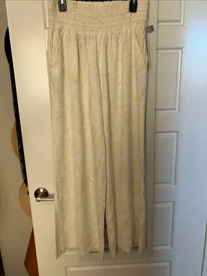 Rewash Cream Wide-Leg Smocked Waist Pants w/tonal leaf pattern thumbnail 4