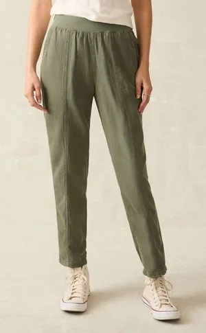 Faherty Arlie Day pull-on tapered leg pants olive green linen cotton large thumbnail 1