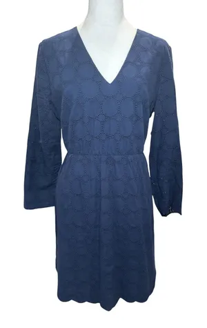 J.Crew‎ Navy Blue Eyelet Cotton Mini Dress 12 V-Neck Long Sleeve Lined Scallop thumbnail 1