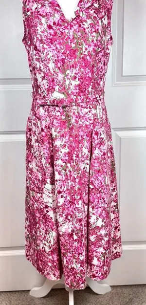 Pink Floral Linen Belted Midi Dress Sleeveless Summer Garden Party Resort Brunch thumbnail 1