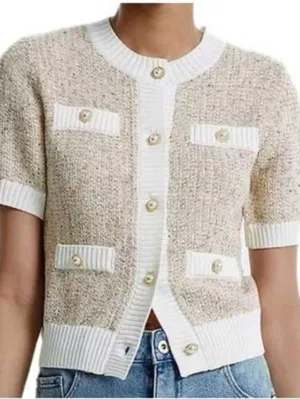 Urban Revivo Prep Short Sleeve Pearl Button Cardigan Sweater Beige White Medium thumbnail 1