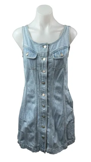 Madewell Women's Blue Seamed Sleeveless Button Down Mini A-Line Denim Dress Sz 4 thumbnail 1