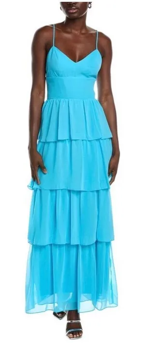 NEW Amanda Uprichard Thaddea‎ Maxi Dress Marina Blue Tiered Ruffle Small thumbnail 1