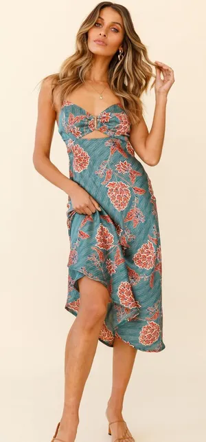 Selfie Leslie Melancholy Resin Buckle Midi Dress Botanic Print‎ Sage thumbnail 1