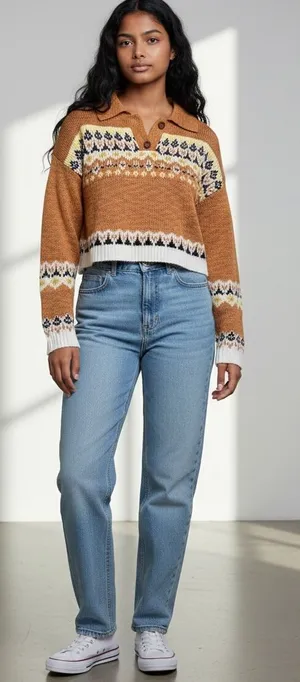 Angie NWT Collared Fair Isle Cropped Knit Sweater Mustard Brown Boho Medium thumbnail 1