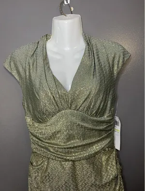 Maggy London Dress Womens 4 Gold Metallic Chevron Ruched V Neck Sheath Midi thumbnail 1
