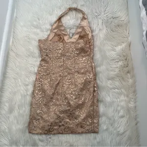 Kameez Womens Mini Halter Dress Gold Glitter Lace Faux Wrap Skirt Lined Zip Back thumbnail 5