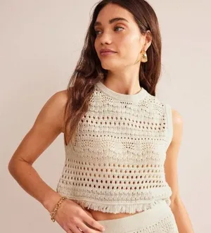 Boden Crochet Sweater Crop Womens L Ivory Fringe Festival Boho Coastal Western thumbnail 1