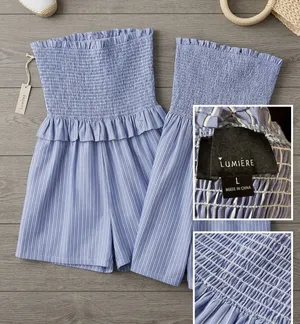 Lumiere Blue & White Striped Smocked Strapless Romper thumbnail 1