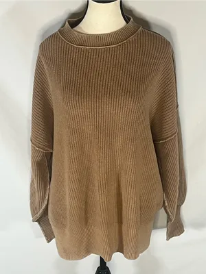 Aerie Love This Moment Brown Ribbed Sweater Shaker Stitch Side Slit Small thumbnail 1