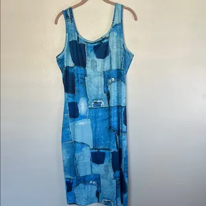 Amazon EUC Blue Patchwork Sleeveless Dress Stretchy sz XL thumbnail 3