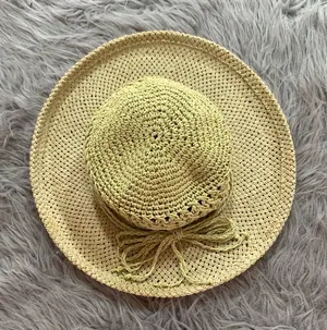 Anthropologie Handmade Crochet cottage core Straw Bucket Hat Foldable Travel Sun Hat thumbnail 1