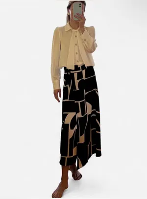 Mango black and white abstract geometric print midi skirt with belt in XS thumbnail 3