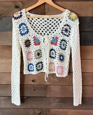 Debut Crochet Granny Square Tie Front Crop Cardigan Boho Festival XS thumbnail 1
