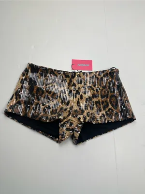 Edikted Sequin Leopard Print Micro Shorts Brown Black Womens Small Stretch NEW thumbnail 3