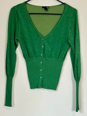 H&M Metallic Green V-Neck Button Cardigan Sweater - Size: Medium thumbnail 2