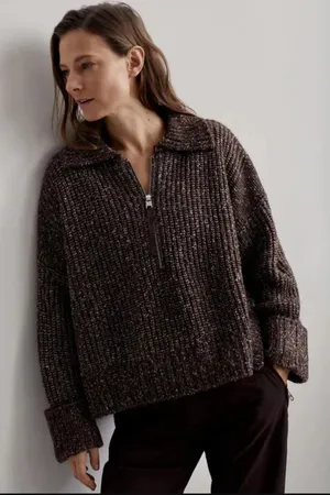 Varley Amelia Half Zip Knit Wool Blend Sweater Brown Flecked Boucle Size Small thumbnail 1