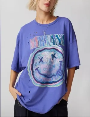 Nirvana NWT oversized distressed short sleeve graphic T shirt dress size L/XL thumbnail 1
