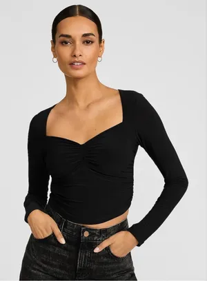 Express Black Ruched Sweetheart Neck Crop Top XL thumbnail 1