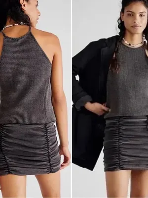 Free People Charcoal Gray Katya Bodycon Ruched Thermal Ribbed Dress thumbnail 3