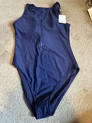 NWT Quince Italian Zip-Front One-Piece Swimsuit deep navy large thumbnail 2