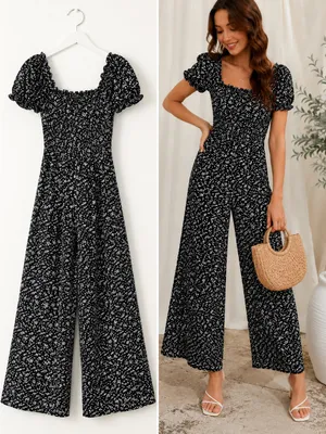 TRIXXI Black Floral Wide Leg Jumpsuit Puff Sleeve Smocked Back S thumbnail 2