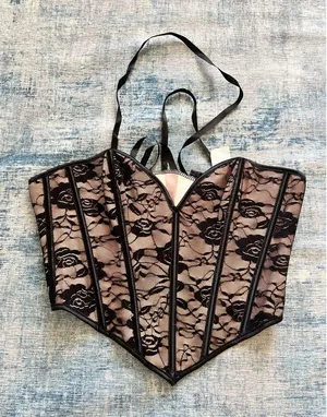 Cream Black Rose Floral Ribbon Lace Up Corset Medium thumbnail 1