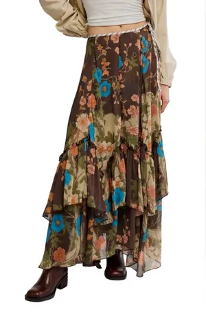 Free People Palermo Villa Chiffon Maxi Skirt in Chocolate Combo 0 thumbnail 1