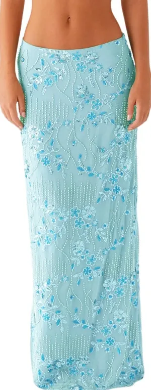 Blue Allover Beaded Sequin Maxi Skirt Resort Vacation Glam Women's size Medium thumbnail 1