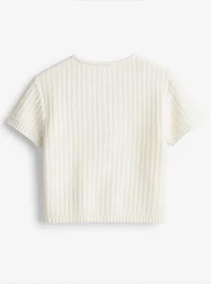 H&M Cream Textured Short-Sleeve Knit Cardigan with Gold Buttons – Size M 🤍 thumbnail 11