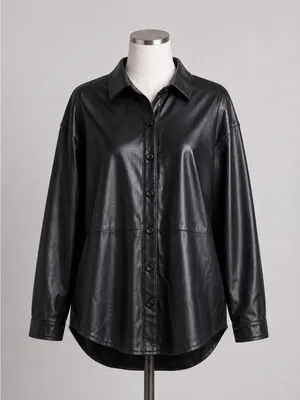 Fashion Womens Black Faux Leather Button Down Shirt‎ Oversized Shacket NEW Small thumbnail 1
