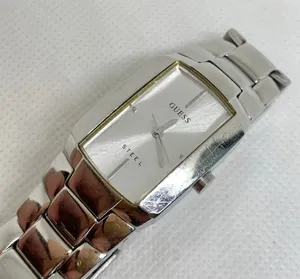 Vintage guess steel women watch silver tone 21mm quartz links 6.5” running thumbnail 1