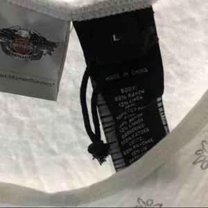 Harley Davidson Linen Rayon Biker Y2K Vintage Sleeveless tank top Blouse Shirt Punk Rock Streetwear Edgy Goth Modernist Black White Sz L Approx measurement Pit to pit:18” Length:24.5” thumbnail 6