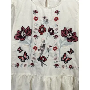 Zara Woman Ivory Embroidered‎ Floral Long Sleeve Keyhole Ruffle Blouse Size XS thumbnail 2