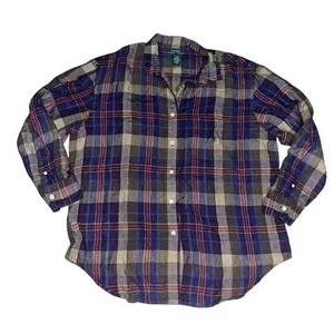 Lauren Ralph Lauren Plaid Button Down Shirt‎ 100% Linen Embroidered Logo Large thumbnail 2