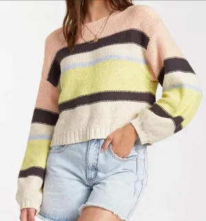 Billabong Seeing Stripes Chunky Knit Striped Sweater Top Slouchy Long Sleeve v6x thumbnail 1