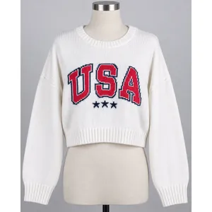 Grayson Threads Women XL USA Graphic Cropped Sweater Cream Knit Long Sleeve NWT thumbnail 2
