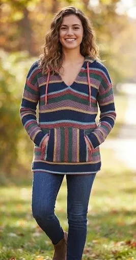 American Eagle Women Baja Hoodie Small Navy Multi Color Striped Knit Hippie Boho thumbnail 1