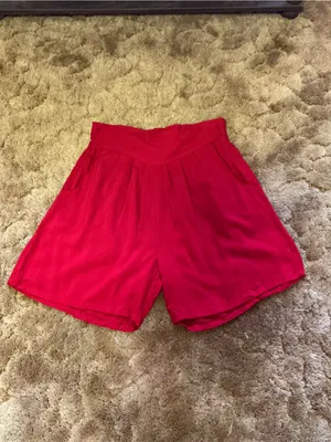 Vintage 80s Penny Lane Red High Rise Rayon Shorts Elastic Waist Pockets Large thumbnail 5